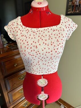 Japna White Smocked Crop Top with Red Cherry Print
